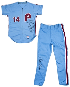 1982 Pete Rose Game Used and Signed Philadelphia Phillies Powder Blue Road Uniform (Jersey & Pants) Inscribed 06/21/82 To Career Tying Hank Aaron All-Time Hit #3771 (JSA & Sports Investors)